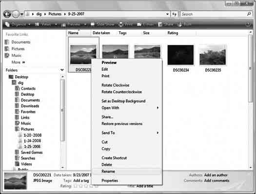 1 Høyreklikk på bildefilen, og klikk deretter på [Rename]. Endre filnavnet til "DSC0ssss". Skriv inn et nummer fra 0001 til 9999 for ssss.