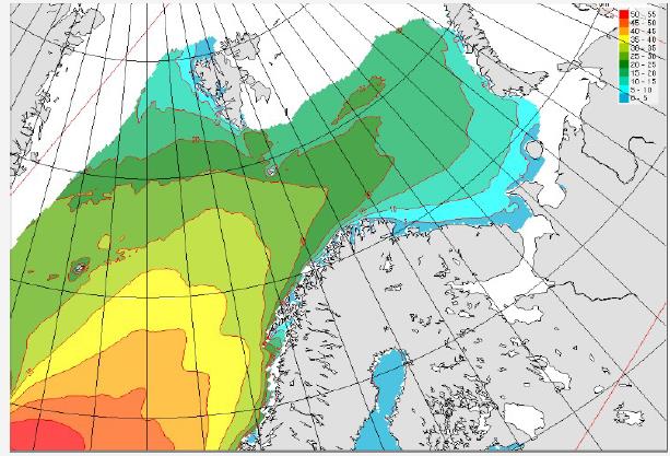 -og over 4 meter i januar Percentage of wave height