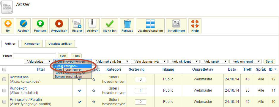 Skal du endre sider under knappen "Sider i toppmenyen", så velg denne kategorien fra nedtrekket over artikkellisten.