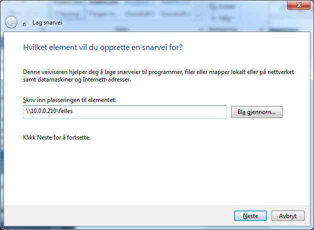 Illustrasjon 14: Skriv inn adressen til mappen eller nettverksstasjonen du