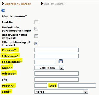 Følgende personopplysninger er påkrevd: Bemerk at feltet for fødselsdato er på formatet