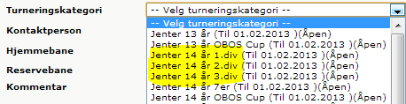 3 Valg av turneringskategori Selv om man har valgt «sitt» lag, så må man sørge for å velge riktig årsklasse i listen for