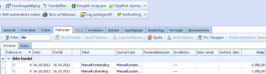 Trykk knappen [ Lagre ] Når du nå går inn på kunden, velger fakturafanen så klikk gjerne knappen [ Oppfrisk skjema ] Du finner nå en manuell utbetaling og kundens doble innbetaling.