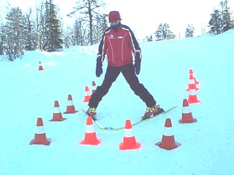 Den nederste skien får et større trykk, samtidig som det øvre benet blir bøyd for å kompensere bakkens helning.