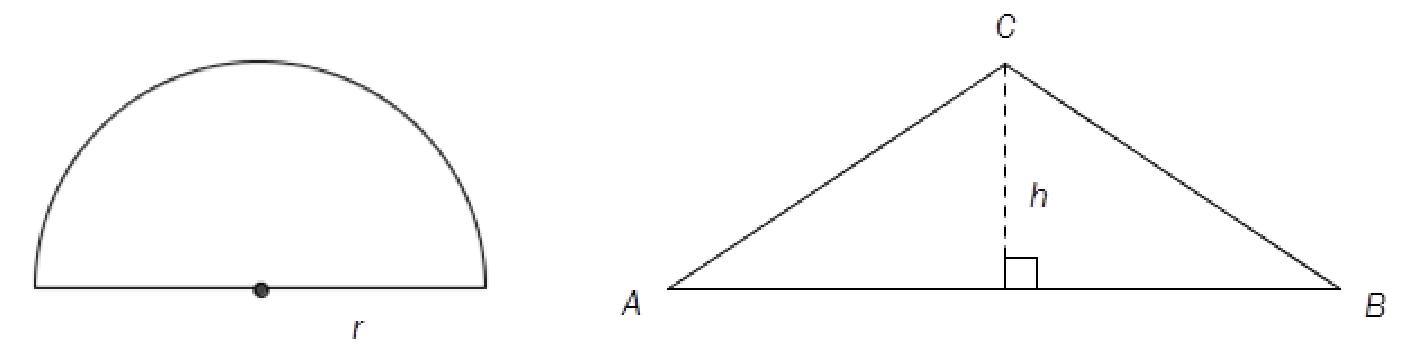 E10 (Eksamen 1P, Vår 013, Del 1) Et område har form som en halvsirkel med radius r = 1,0 m. Et annet område har form som en likebent trekant ABC, der AB = 3,0 m og høyden h = 1,0 m.