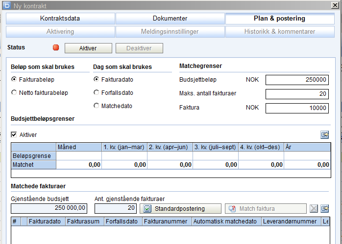 Beløp som skal brukes Kryss av for Fakturabeløp Dag som skal brukes Kryss av for Fakturadato eller Forfallsdato Matchegrenser Skriv inn budsjettbeløp og maksimumsbeløp pr faktura.