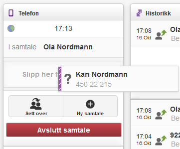 3.4.3 Dra og slipp Når sentralbordet har funnet en kontakt som samtalen skal settes over til, kan man klikke på denne og dra denne til telefonmodulen mens man holder venstre museknapp inne.