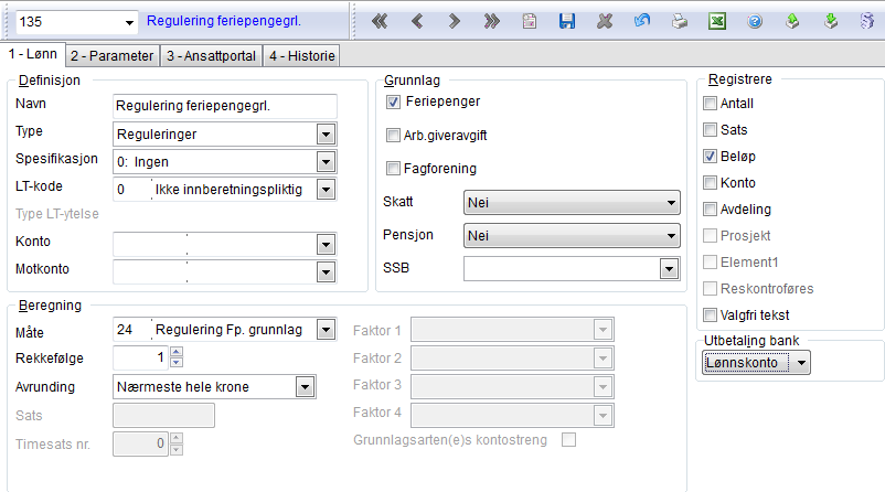 3. Skrive ut feriepengeliste pr 31.12.2011 3.3 Regulere feriepengegrunnlaget Hvis du skal regulere feriepengegrunnlaget, følger du denne fremgangsmåten: 1. Velg oppgaven Kartotek Lønnsarter. 2.