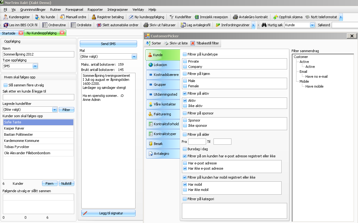 Kundeoppfølgingen ser nå slik ut. Ikke trykk på Send-knappen riktig ennå. Nede til venstre ser vi listen over de som kommer til å få meldinga.