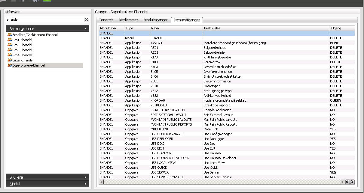 For gruppen setter du opp hvilke modultilganger denne skal ha: Og hvilke Ressurstilganger (Oppgaver, applikasjoner): Brukere generelt Hovedadministrator må opprette aktuelle brukere med