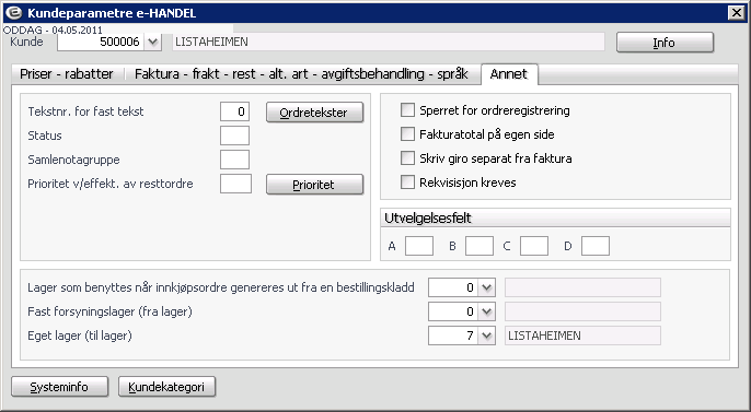 Kundeparametre ehandel Når du trykker knappen Parametre e-handel kommer du inn i et skjermbilde med flere faner og mange parametre. De fleste parametrene er egenskaper knyttet til salg.