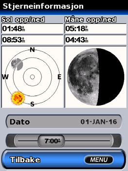 Vise stjerneinformasjon Bruk skjermbildet Stjerneinformasjon hvis du vil vise data om når solen og månen står opp og går ned, månefase og solens og månens omtrentlige stilling på himmelen.