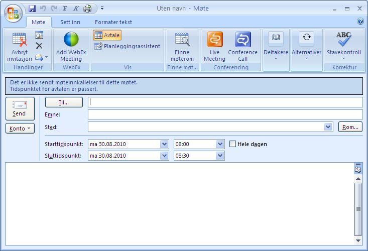 denne veiledningen.) Når du skal lage en møteinvitasjon til et datamøte, starter du med å åpne en tom invitasjon i kalenderen på helt vanlig måte.