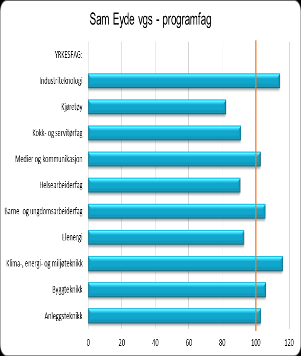 på tverrfaglig eksamen i salg, service og sikkerhet samt til dels medier og kommunikasjon er klart høyere ved denne skolen enn i landet som helhet.