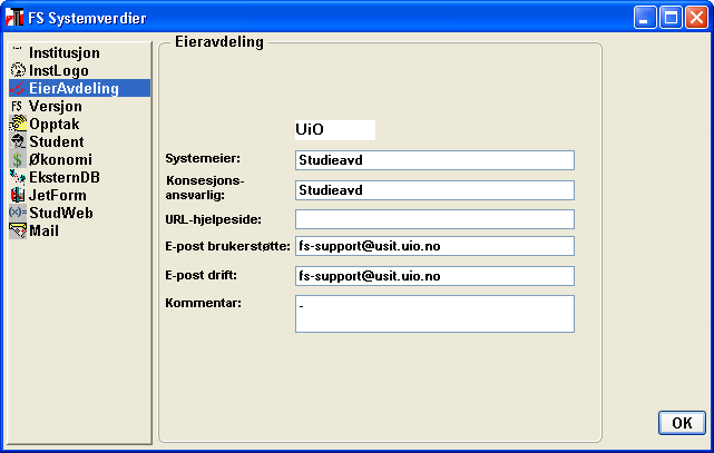 Eieravdeling Opplysninger om hvem som er systemeier av det studieadministrativesystemet.