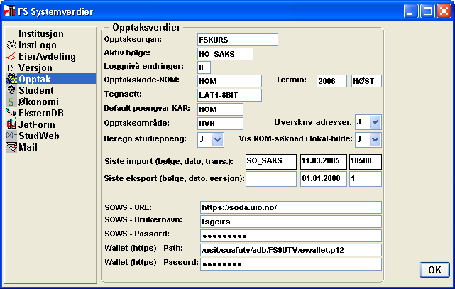 Opptak Her settes verdier som styrer opptak i samarbeid med Samordnet opptak (SO) Opptaksorgan Hvilket opptaksorgan, for eksempel HiO, HiG, UiS Aktiv bølge Hvilken bølge som er den aktive nå, settes