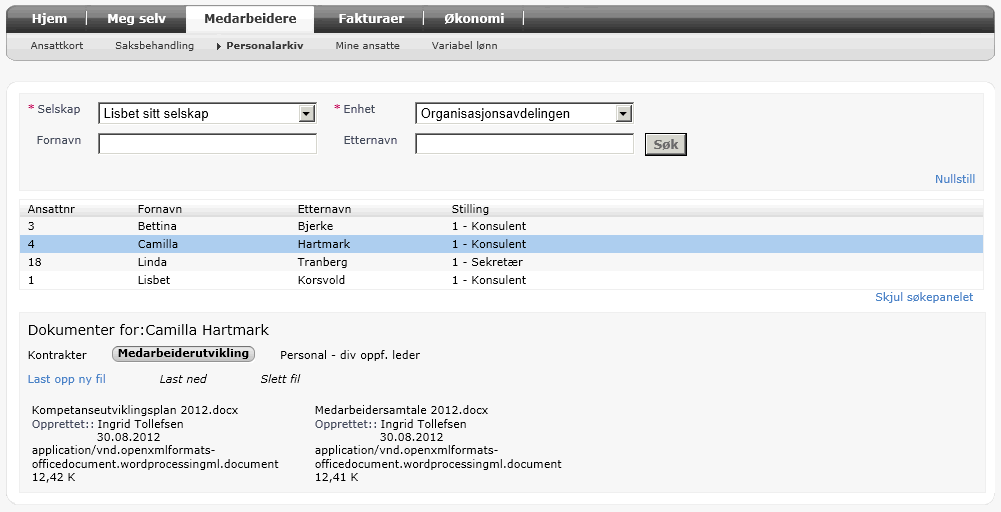 Personalarkiv I Personalarkiv kan man legge inn dokumenter på ansatte, og således tilgjengeliggjøre dokumentene for personer med gitte roller i organisasjonsstrukturen.
