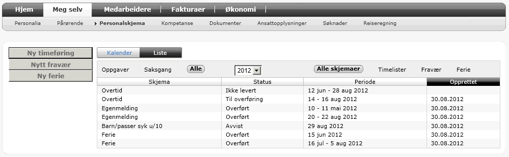 Bildet har ulike filtre, som fremkommer via fasetter. Fasett / filter Beskrivelse Oppgaver Saksgang Alle Alle skjemaer Timelister Fravær Ferie Her ligger skjemaer som den ansatte skal behandle.