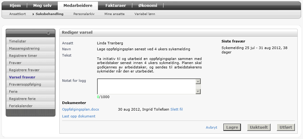 Bildet har utvalg på varsler som ligger til behandling (oppgaver), og varsler som er ferdig behandlet.