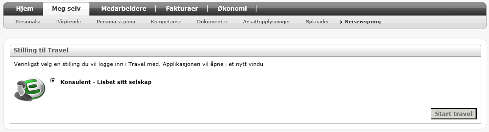 8. REISEREGNING Punktet vises kun for kunder som bruker Visma Travel Expense, og tilgang styres av modultilgang Travel Expense (tilpasset ressurs ACCESS_TRAVEL).