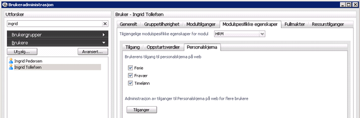 Ressursene kan settes med standardtilgang til YES eller NO. I tilfeller hvor standardtilgang er satt til NO, må ansatte som skal ha tilgang til modulen bli gitt økt tilgang (YES).