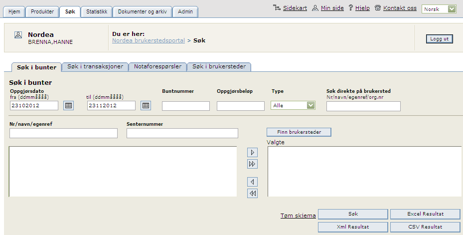 Søk Søk i bunter: Brukeren kan avgrense et søk ved hjelp av flere valg. Normalt utføres dette ved å søke per brukersted.