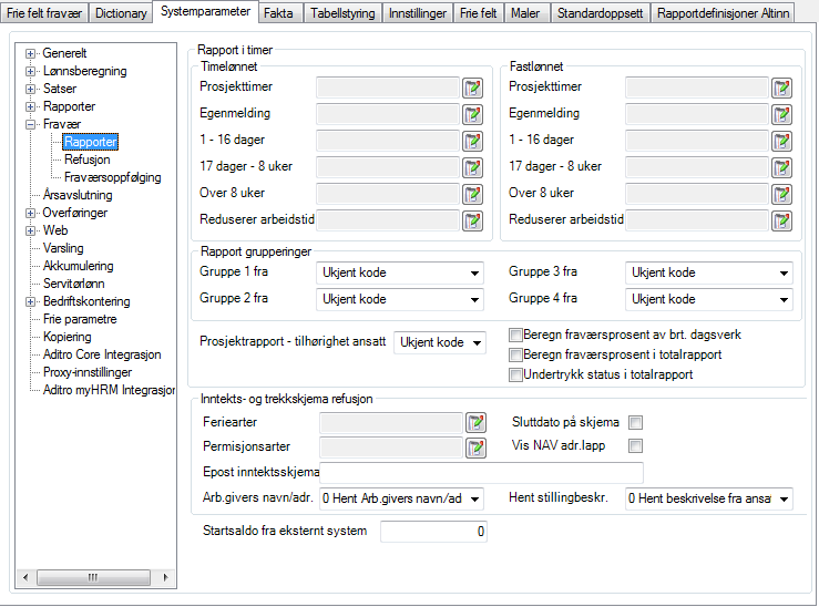 Rapporter Rapport i timer. Fraværsarter for rapportering og gruppering. Time- og fastlønnet. Gjelder fraværsrapport Timer per aktivitet og Timer per orgenhet.