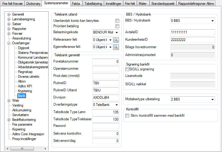 Bank Telebank utland Info ved betaling til telebank utland Telebank generelt Info ved betaling til telebank innland BBS / Hydrobank info ved danning av betalingsfil i BBS-format Signering bankfil-