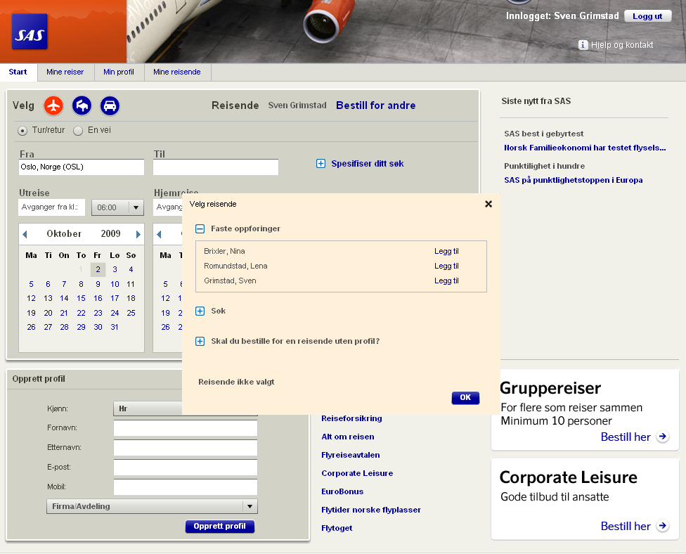 Bestill for andre: Klikk her og du får opp et nytt vindu for bestilling for andre. Velg reisende fra: Faste oppføringer: Velg den eller de du skal bestille reise for fra listen.