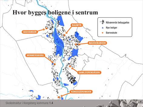 (slide 1.4 Hvor bygges boligene i sentrum) Slik vil bebyggelsen se ut i 2016. På kartet ser vi hvor i sentrum befolkningen vil øke.