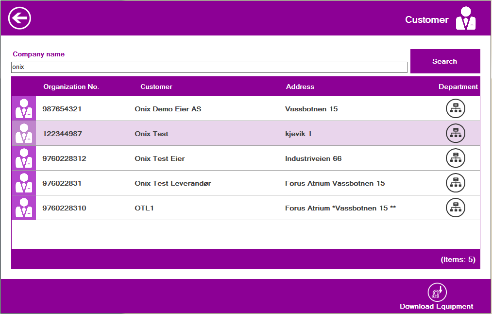 KUNDE Figur 6: Kunde søkeresultater Nå kan du velge et firma eller en avdeling av et firma for å laste ned deres utstyr: - Velg et firma ved å klikke på den tilsvarende raden i tablået, deretter