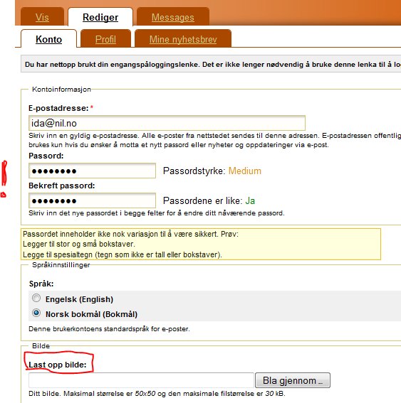 Når du har logget deg inn, kommer du rett til siden som viser din Konto: Her skal du legge inn passord og bekrefte det.