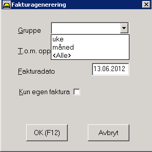 Fakturagenerering: Gruppe/Alle Faktura/purring -> Fakturagenerering -> En kunde Generering av Gruppe/Alle er