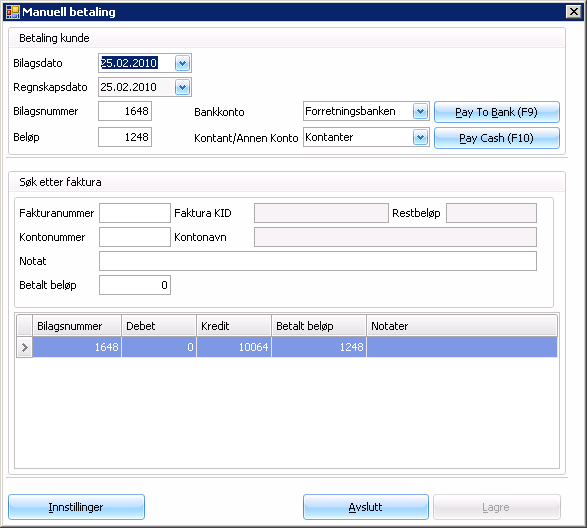 Du vil nå få opp følgende skjermbilde: Det meste er allerede utfylt, men det er nå mulig å endre på datoer og betalt beløp om kunden ikke betaler alt med en gang.