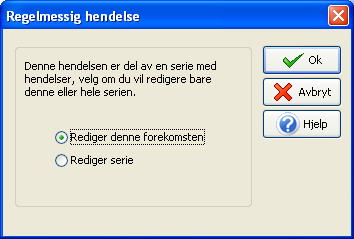 Hvis du har valgt en Regelmessig hendelse kan du velge om ressursen(e) kun skal fjernes fra aktuell hendelse eller fra hele serien. Marker [Velg alle] hvis du vil fjerne alle ressursene.