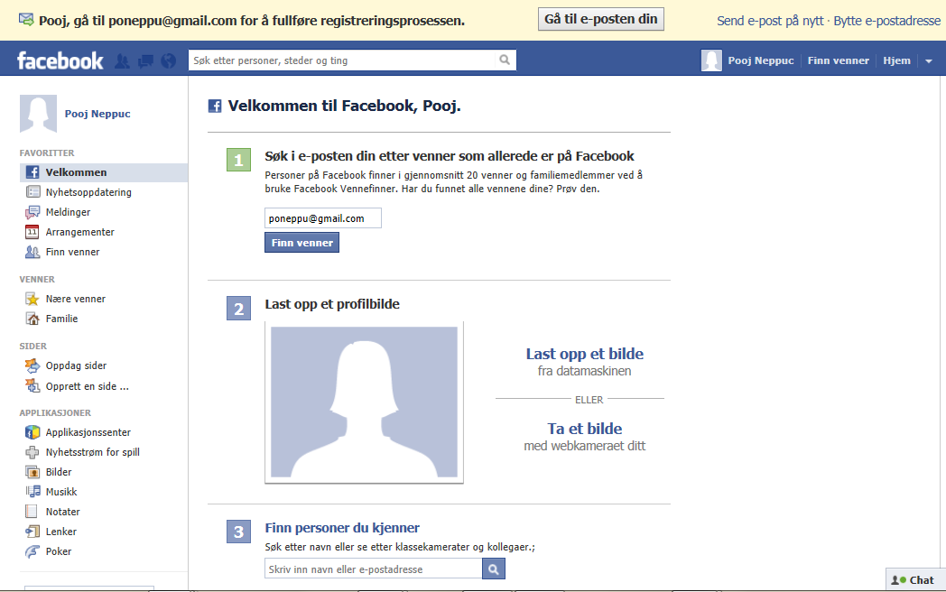 Du er nå registrert som bruker på Facebook og kan starte med å bli kjent med det Du er logget inn og kan søke i e -posten dinetter venner som muligens er på Facebook, du kan