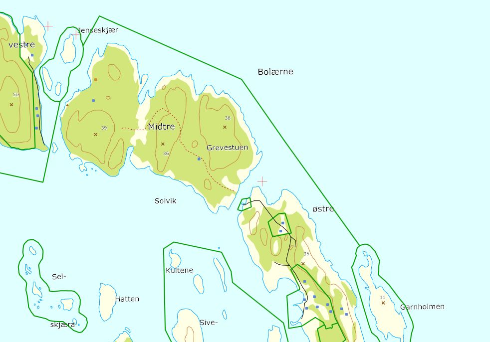Merker i Kongshavnsund nord av Østre Bolæren og ved 2 meter syd av Mellom Bolæren Koordinater GRØNN Nord: 6564430.