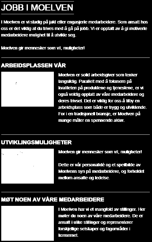 Markedsføring overfor potensielle medarbeidere Employer branding «Jobb i Moelven» på våre nettsider arbeidsplassen vår møt noen av våre