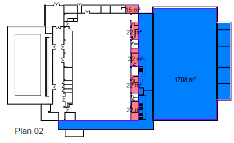 no Plan 1 alternativ 1 Arealoversikt alternativ 1 viser i blått hva som er nybygg og i rødt hva som er ombygg Ulemper Glassfasade i 1.etg mtp hærverk.