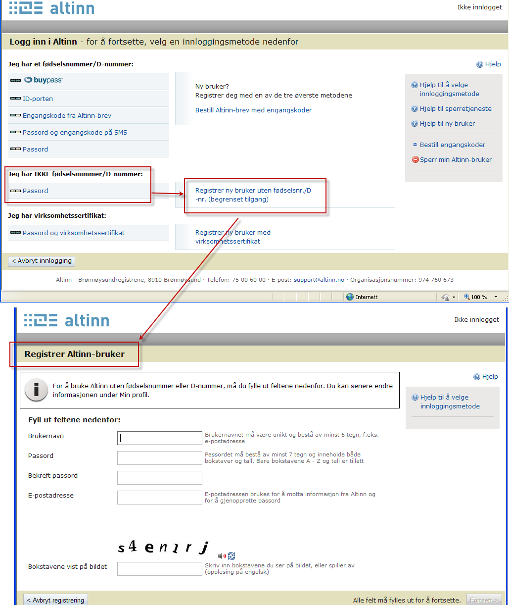 Innlogging for de som ikke har f.nr/d.