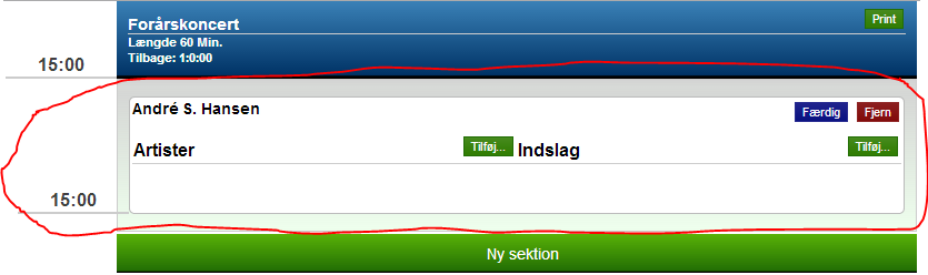 Opprett ny arrangement seksjon Ved å klikke på Ny sektion kan man opprette nye arrangementsdeler.