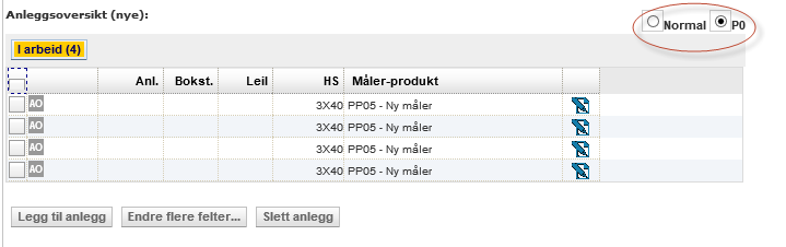 Med P0, er det et eget valg for å vise P0-produktene som er valgt på det enkelte anlegg.