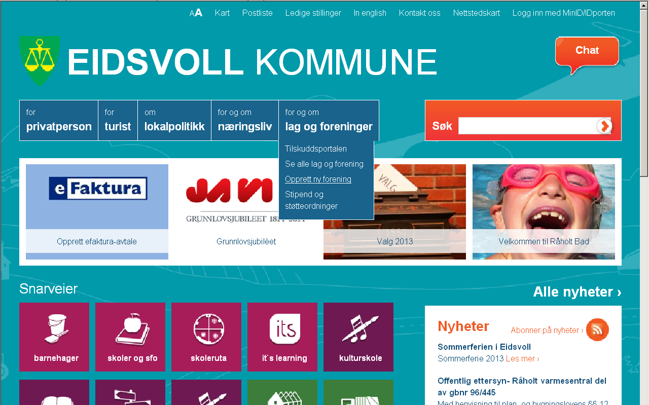 Registrere ditt lag/forening og aktiviteter på Eidsvoll kommunes Innbyggerportal? Gå inn på: https://www.eidsvoll.kommune.no Opplysningene om lag og foreninger ble ikke flyttet over fra gammel til ny portal.