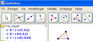 Lag dine egne verktøy i GeoGebra. Du ser at det er kommet et verktøy lengst til høyre på figuren over. Det er et selvlaget verktøy for lettere å kunne tegne og måle høydene fra et punkt til ei linje.