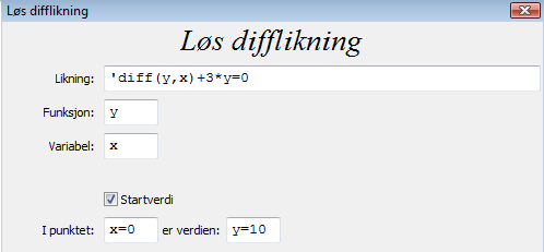 Eksempel 15. Første ordens differensiallikning med initialverdier Oppgave 8.12 a, side 312 i Sinus R2 Finn funksjonen y når y = 10 for x = 0. y + 3y = 0 Klikk på Likninger og Løs difflikning.