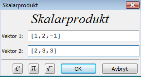 Klikk på Algebra og på Skalarprodukt. Klikk OK. Som vi ser, kan vi skrive [1,2,-1].[2,3,3] (med punktum mellom) i stedet for å bruke menyvalget skalarprodukt. Eksempel 22. Vektorproduktet Oppgave 4.