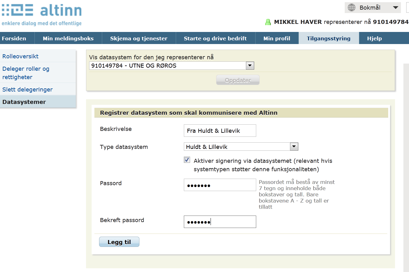 1.3. Opprette datasystem-id og passord i Altinn. Logg inn på Altinn.no. Klikk på menyvalget Tilgangsstyring. Velg Datasystemer i menyen på venstre side.