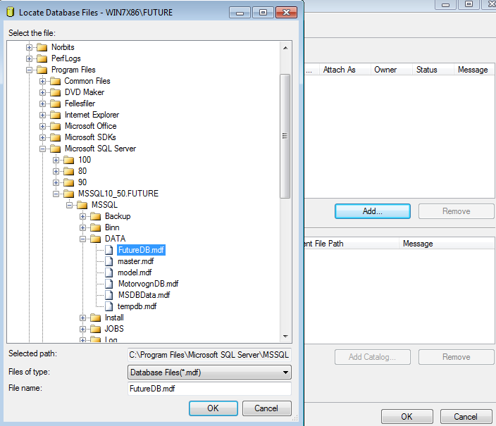 Når du har åpnet opp managament studio høyreklikker du på Databases og velger Attatch, velg så add og marker FutureDB.mdf og klikk OK og OK. Gjenta for MotorvognDB.