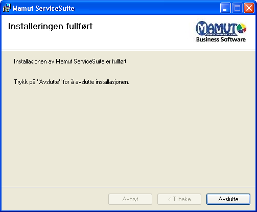 INSTALLASJON 8. Vent mens MSSQL installeres. 9. Klikk Avslutte for å fullføre installasjonen. 10. Du kan nå starte programmet ved å dobbeltklikke på Mamut ServiceSuite-ikonet på skrivebordet.