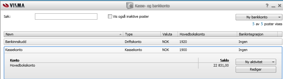 Det er også her du legger inn nye bilag direkte mot andre bankkontoer enn driftskontoen din. For å lage en ny konto, klikker du på knappen Ny kasse/bankkonto.